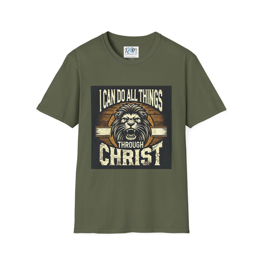 Inspirational Softstyle T-Shirt - "Strength & Courage – Philippians 4:13 Lion T-Shirt" Adventure-Inspired Faith