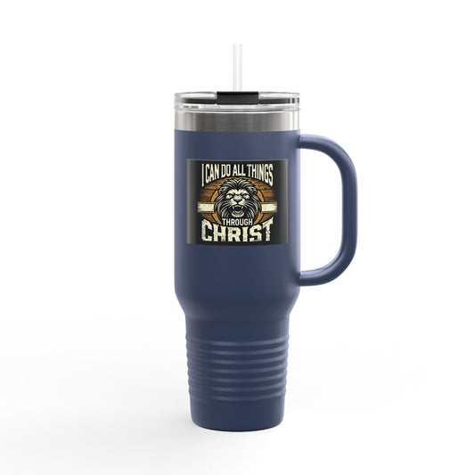 "Unstoppable Faith – Philippians 4:13 Lion 40oz Tumbler" Insulated Travel Mug